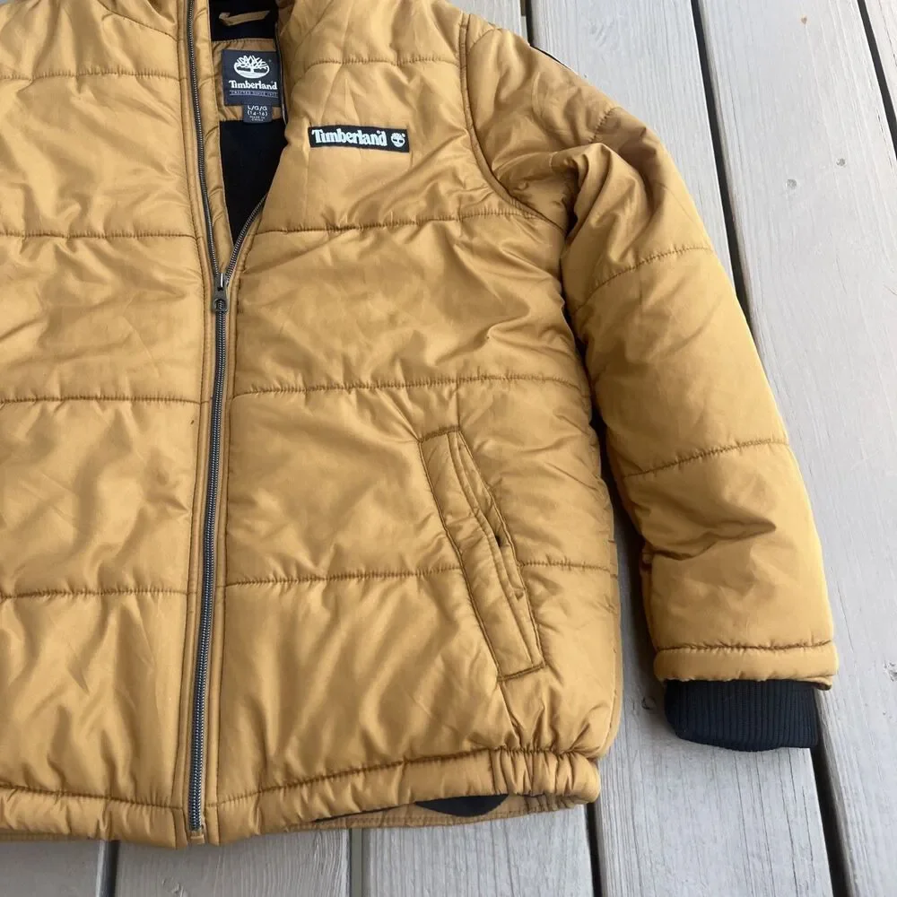TIMBERLAND Boys Puffer Jacket Tan Hooded Winter Full Zipper Size Large (14-16)